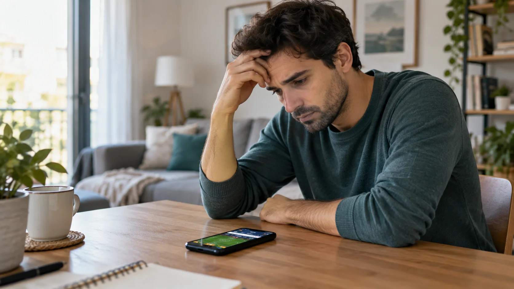 Hombre preocupado mirando una aplicación de apuestas deportivas en su móvil
